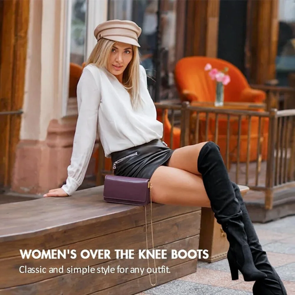Women's Black Suede Inner Zipper Thigh High Over The Knee High Heel Boots